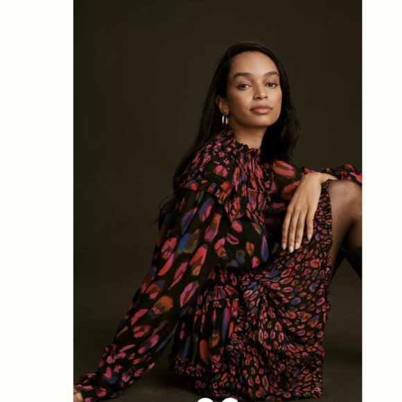 NWT FARM Rio Iridescent Leopard Print Ruffled Mini Dress Black Smocked Neck XXS - Picture 2 of 4